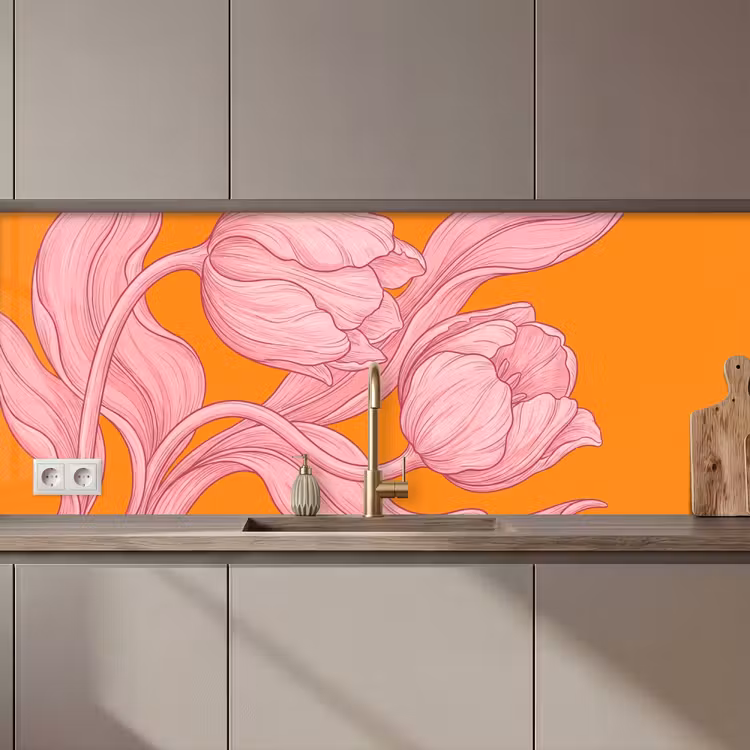 Kitchen Wall Splashback - Pink Flowers - Modern - Roze bloemen - Modern keuken achterwand 2 middel zz_3dshopping