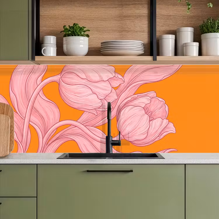 Kitchen Wall Splashback - Pink Flowers - Modern - Roze bloemen - Modern keuken achterwand 2 middel