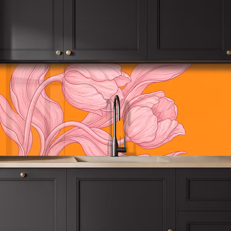 Kitchen Wall Splashback - Pink Flowers - Modern - Roze bloemen - Modern keuken achterwand 2 middel
