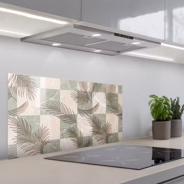Planten - Bladeren - Marmer - Modern - Groen keuken achterwand spatscherm middel -3d_schuin