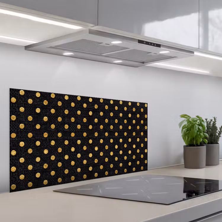 Polka Dot - Stippen - Goud - Zwart keuken achterwand spatscherm middel 899 -3d_schuin