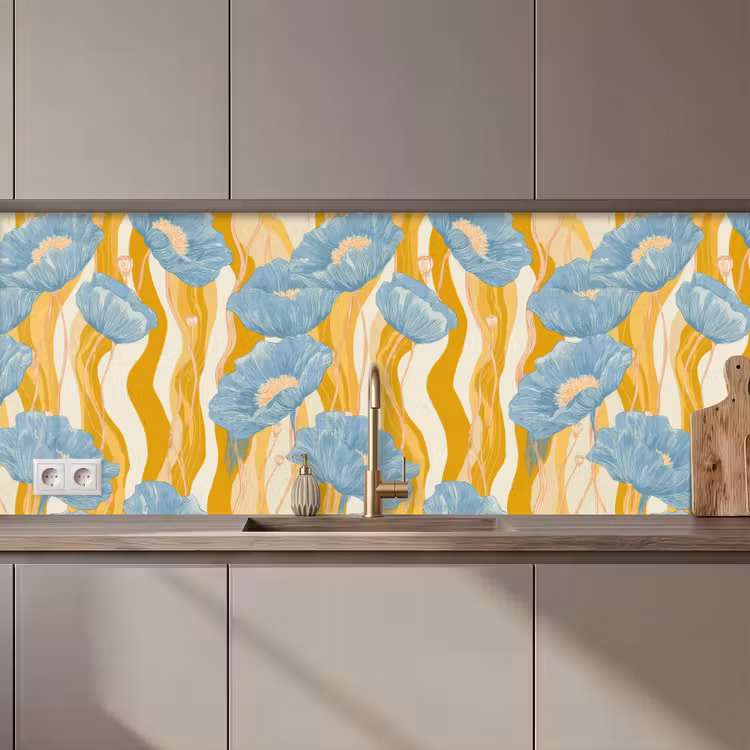 Papavers - Botanisch - Blauw keuken achterwand 2 middel 871 zz_3dshopping