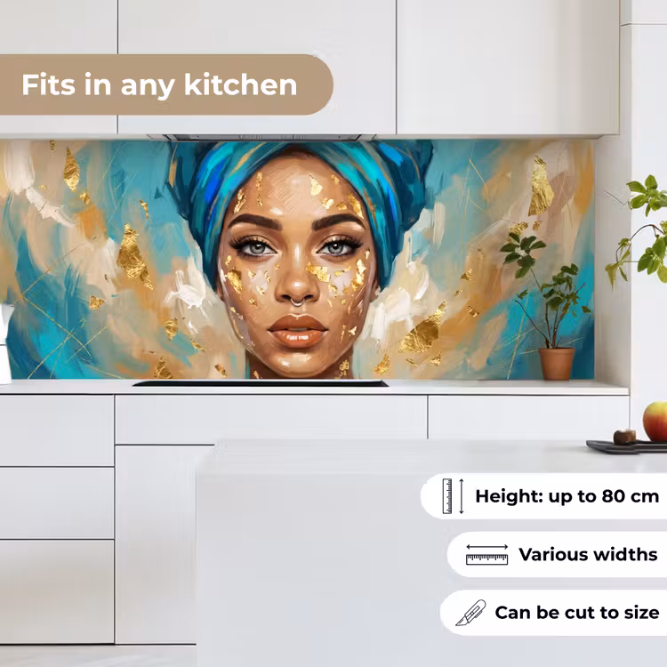 Portret - Vrouw - Schilderij - Blauw - Goud - Expressief keuken achterwand 2 middel -sfeer4_UK