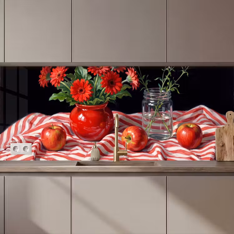 Kitchen Wall Splashback - Red Flowers - Vase - Rode bloemen - Vaas keuken achterwand 2 middel zz_3dshopping