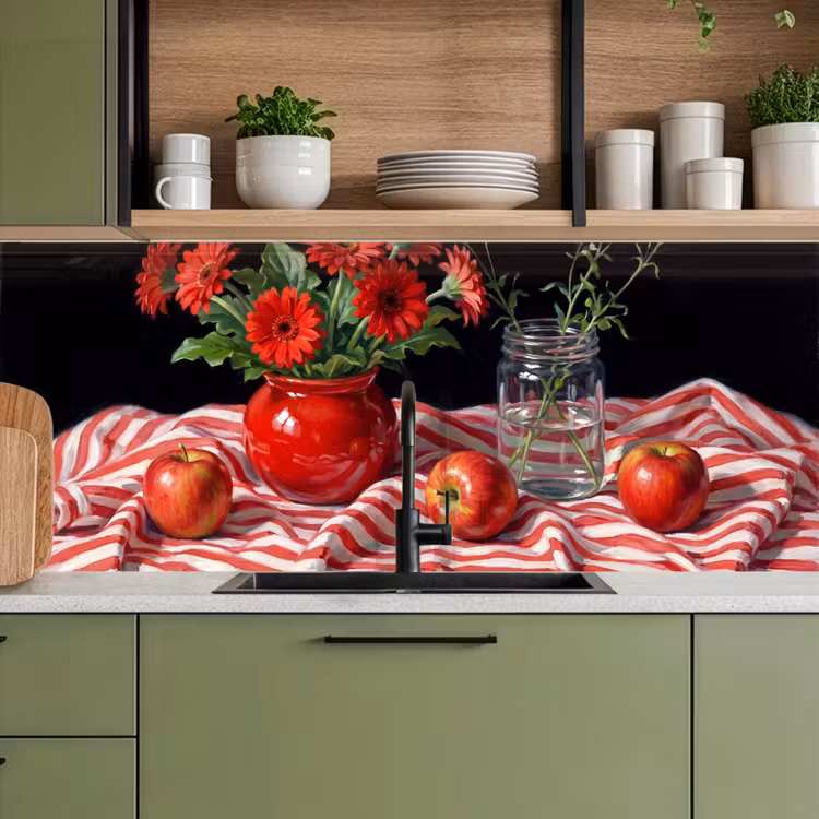 Kitchen Wall Splashback - Red Flowers - Vase - Rode bloemen - Vaas keuken achterwand 2 middel