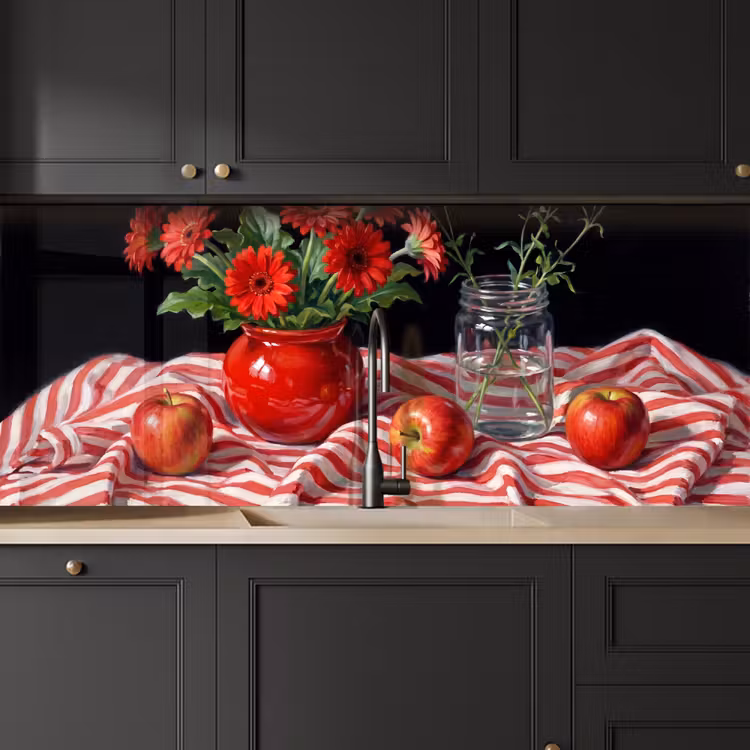 Kitchen Wall Splashback - Red Flowers - Vase - Rode bloemen - Vaas keuken achterwand 2 middel