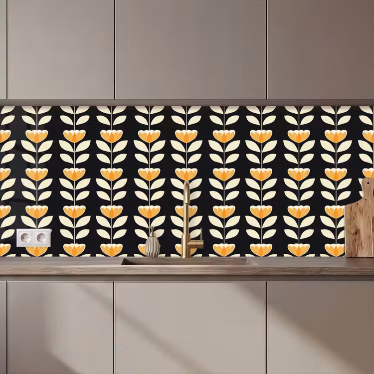 Retro - Bloem - Zwart - Okergeel keuken achterwand 2 middel 871 zz_3dshopping