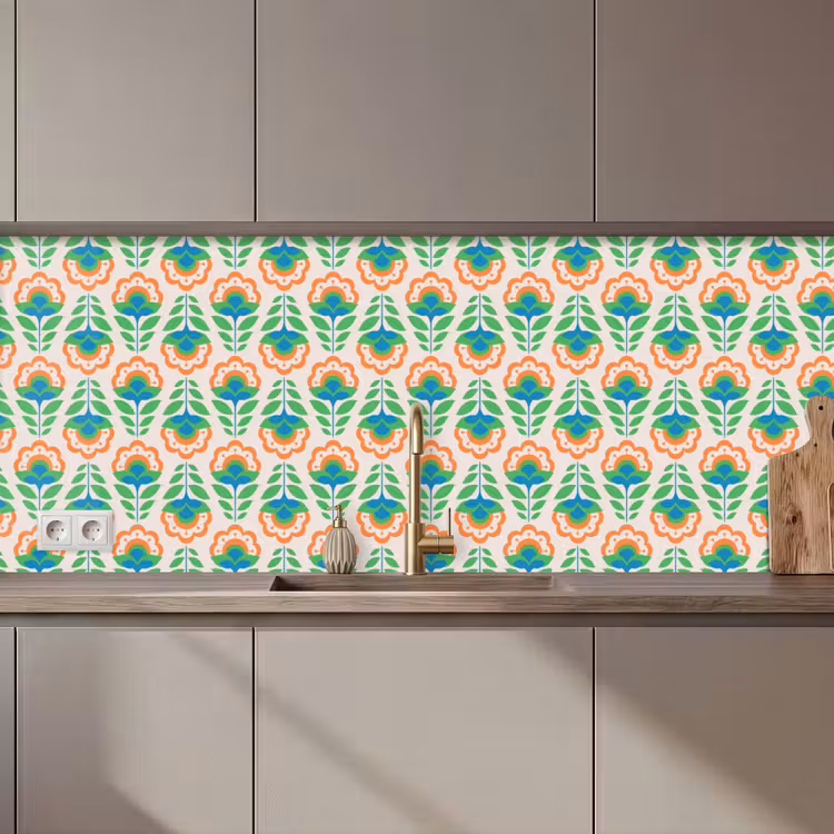 Retro - Bloemen - Design - Groen - Oranje keuken achterwand 2 middel 871 zz_3dshopping