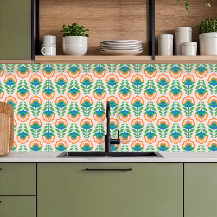 Retro - Bloemen - Design - Groen - Oranje keuken achterwand 2 middel 871 -sfeer3