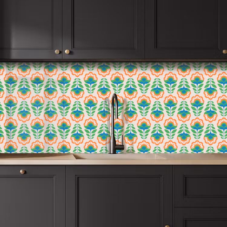 Retro - Bloemen - Design - Groen - Oranje keuken achterwand 2 middel 871 -sfeer1