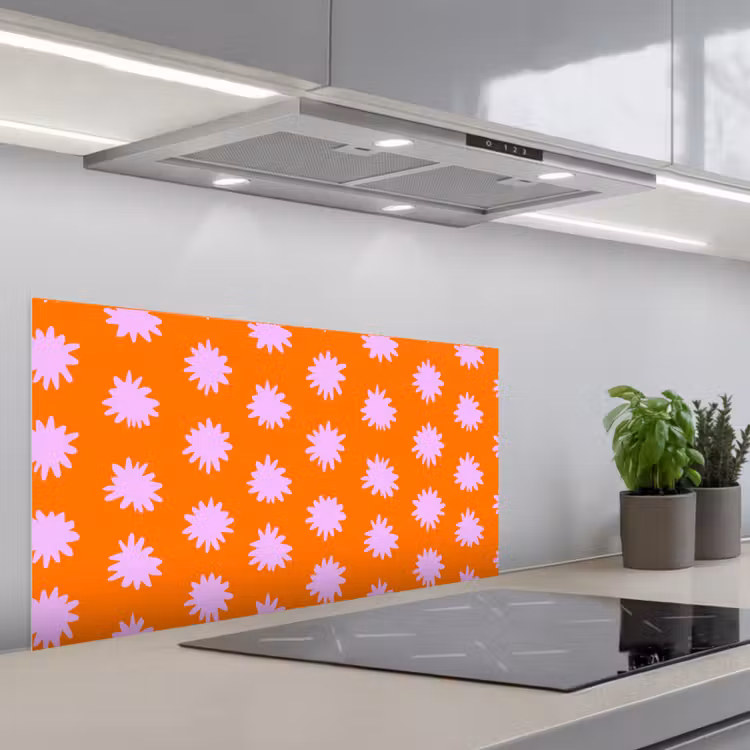 Retro - Bloemen - Oranje keuken achterwand spatscherm middel 899 -3d_schuin
