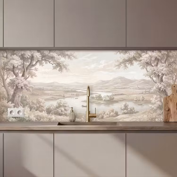 Rivierlandschap - Bergen - Natuur - Vintage - Beige keuken achterwand 2 middel zz_3dshopping
