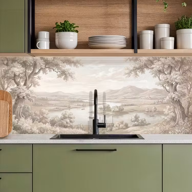 Rivierlandschap - Bergen - Natuur - Vintage - Beige keuken achterwand 2 middel -sfeer3