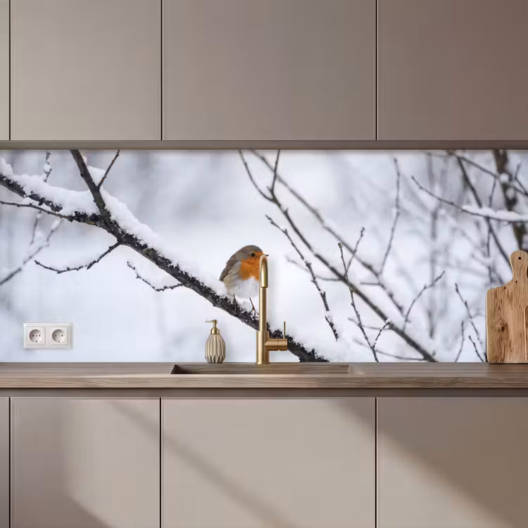 Roodborstje - Tak - Sneeuw - Winter - Levendig keuken achterwand 2 middel zz_3dshopping