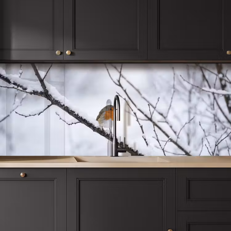Roodborstje - Tak - Sneeuw - Winter - Levendig keuken achterwand 2 middel -sfeer1
