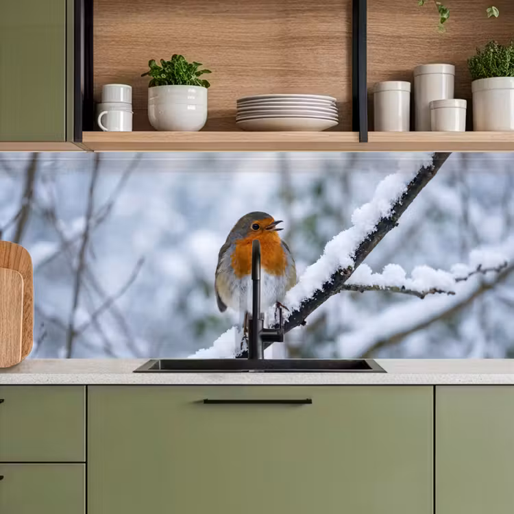 Roodborstje - Tak - Sneeuw - Winter - Levendig keuken achterwand 2 middel -sfeer3