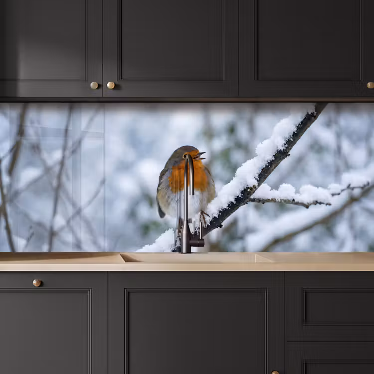 Roodborstje - Tak - Sneeuw - Winter - Levendig keuken achterwand 2 middel -sfeer1