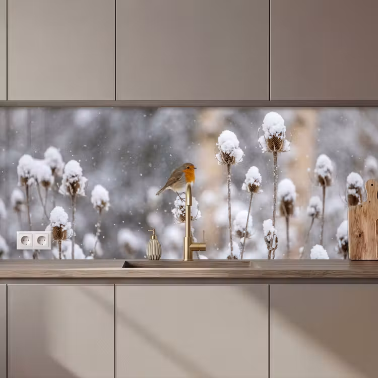 Roodborstje - Gedroogde bloem - Sneeuw - Winter - Vertederend keuken achterwand 2 middel zz_3dshopping