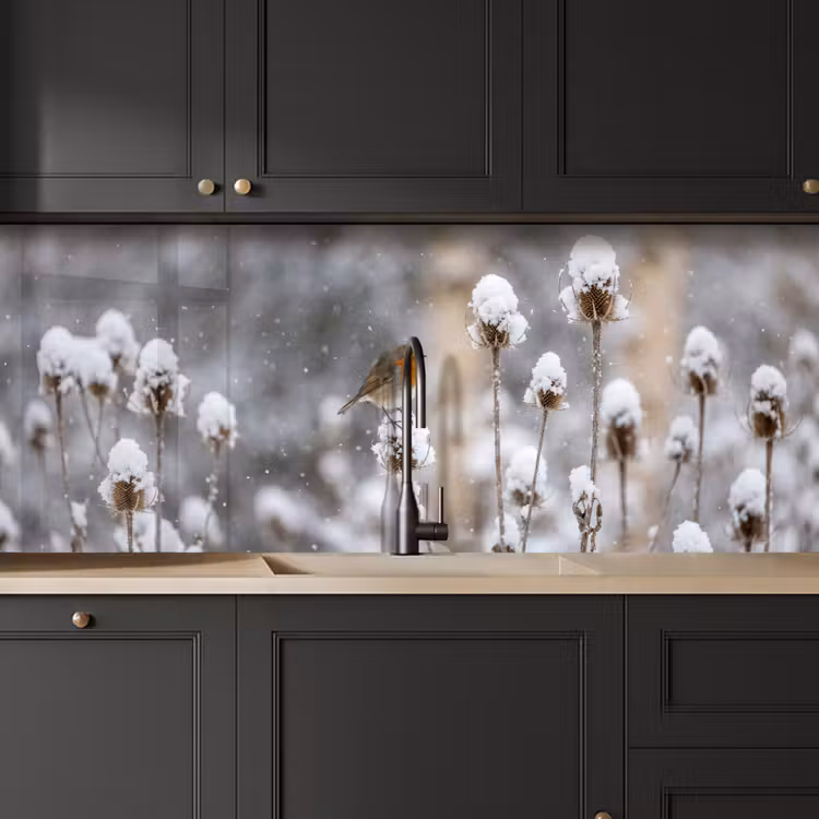 Roodborstje - Gedroogde bloem - Sneeuw - Winter - Vertederend keuken achterwand 2 middel -sfeer1