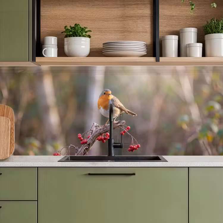 Roodborst - Tak - Bessen - Natuur keuken achterwand 2 middel -sfeer3