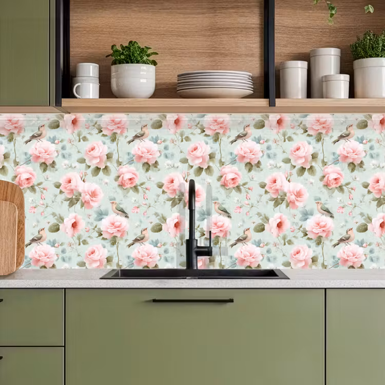 Rozen - Vogels - Pastel - Kleurrijk keuken achterwand 2 middel 871 -sfeer3