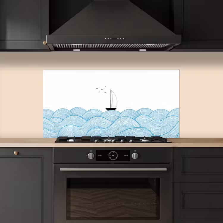 Zeilboot - Golven - Zee - Illustratie - Blauw keuken achterwand spatscherm middel -sfeer1