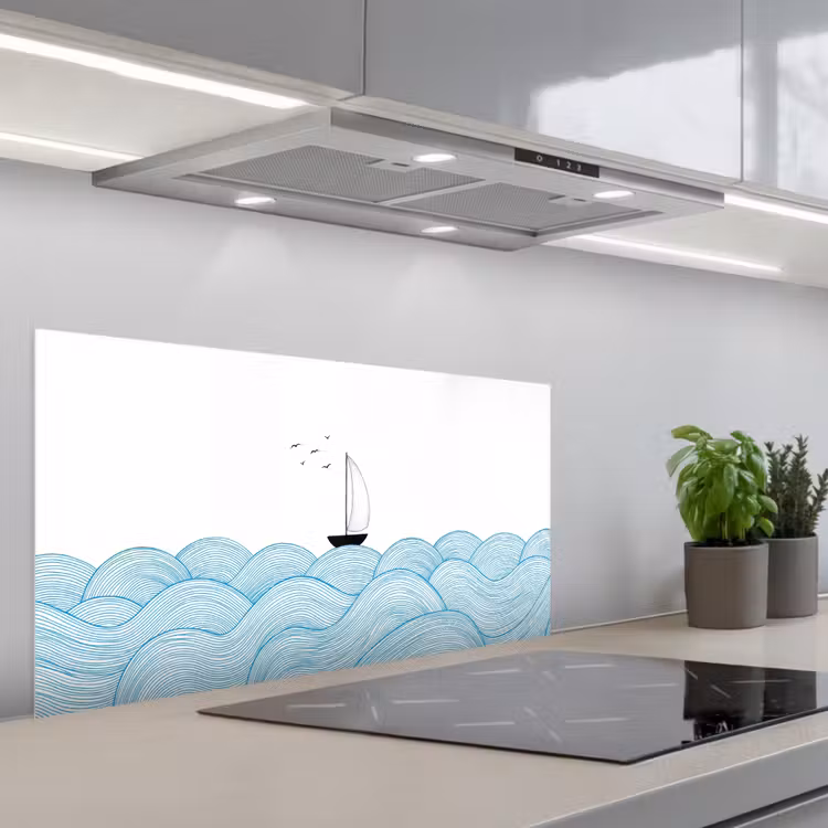 Zeilboot - Golven - Zee - Illustratie - Blauw keuken achterwand spatscherm middel -3d_schuin
