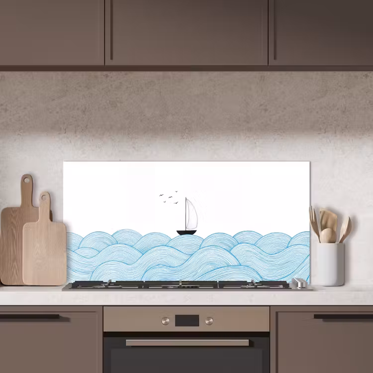 Zeilboot - Golven - Zee - Illustratie - Blauw keuken achterwand spatscherm middel -sfeer2