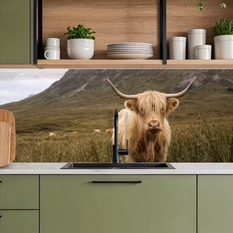 Schotse hooglander - Bergen - Grasveld keuken achterwand 2 middel -sfeer3