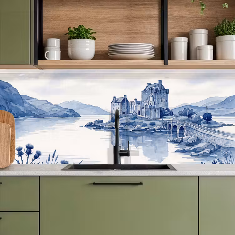 Schots - Kasteel - Blauw - Aquarel keuken achterwand 2 middel -sfeer3