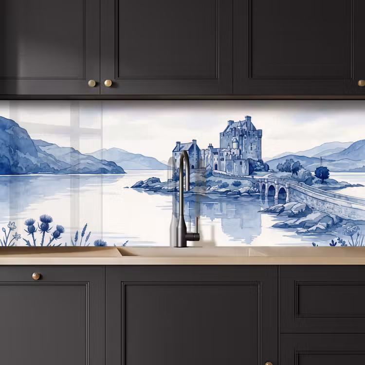 Schots - Kasteel - Blauw - Aquarel keuken achterwand 2 middel -sfeer1