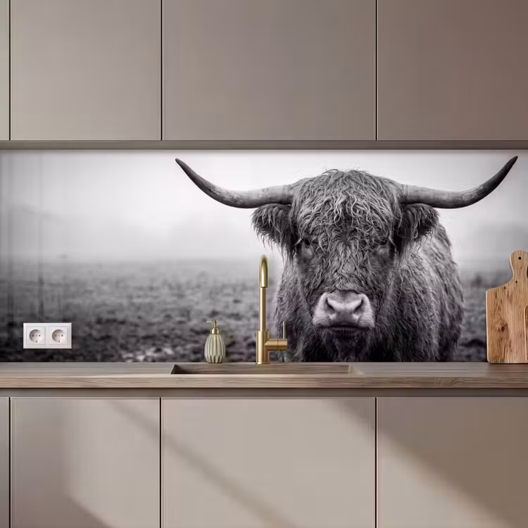Schotse hooglander - Zwart - Wit - Gras keuken achterwand 2 middel zz_3dshopping