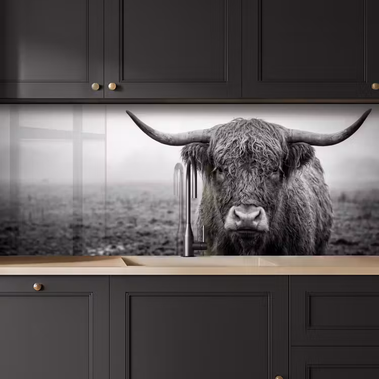 Schotse hooglander - Zwart - Wit - Gras keuken achterwand 2 middel -sfeer1