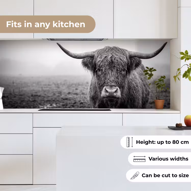 Schotse hooglander - Zwart - Wit - Gras keuken achterwand 2 middel -sfeer4_UK
