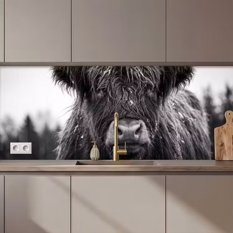 Schotse hooglander - Zwart - Wit - Sneeuwvlokken keuken achterwand 2 middel zz_3dshopping