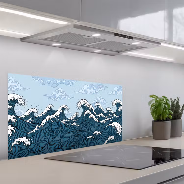 Zee - Golven - Japans - Natuur - Blauw keuken achterwand spatscherm middel -3d_schuin