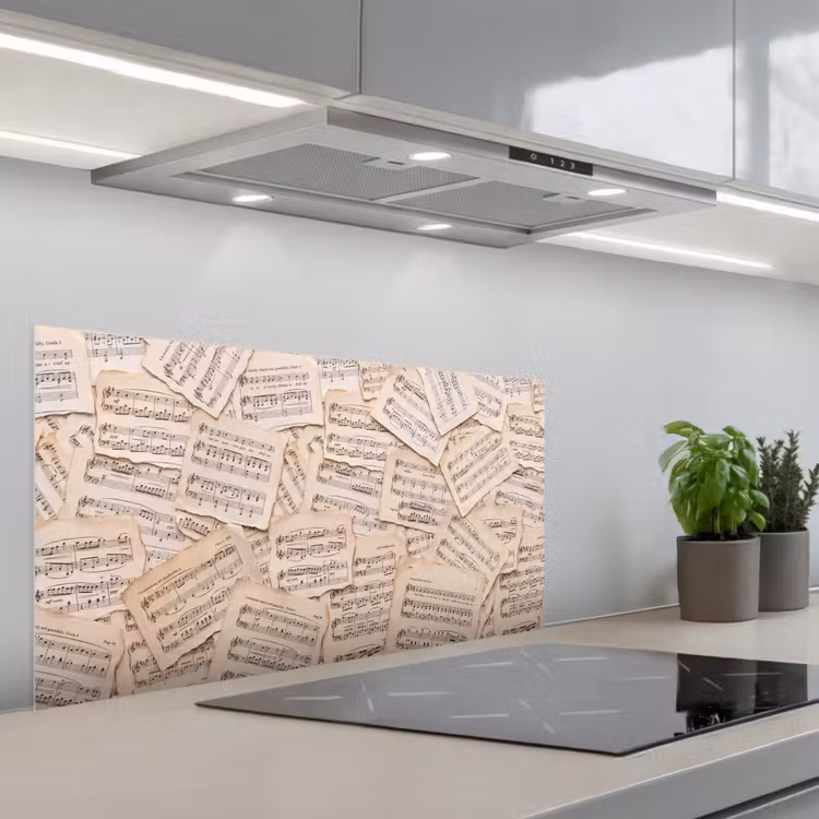 Bladmuziek - Oud - Noten - Vintage - Beige keuken achterwand spatscherm middel -3d_schuin