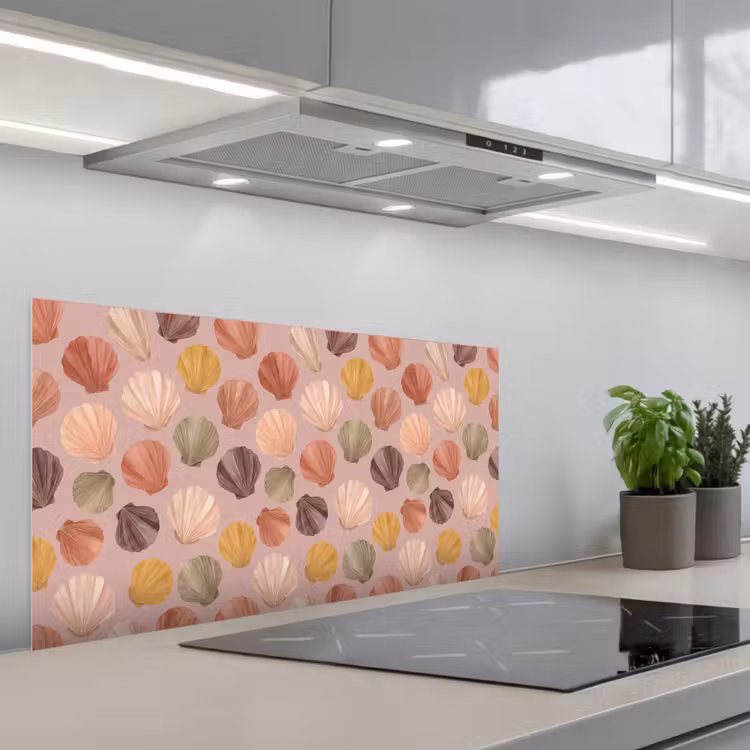 Schelp - Patroon - Zee - Aquarel - Aardetinten keuken achterwand spatscherm middel -3d_schuin