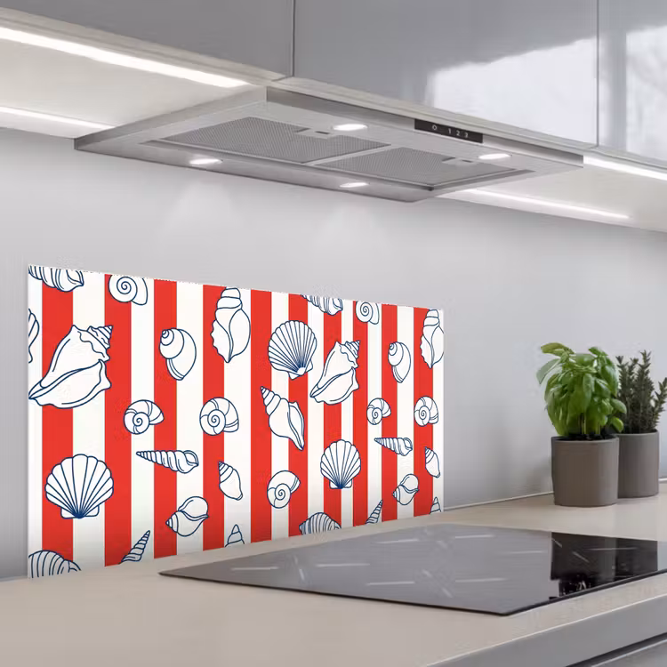 Schelp - Zeedieren - Zomer - Illustratie - Rood - Blauw keuken achterwand spatscherm middel -3d_schuin