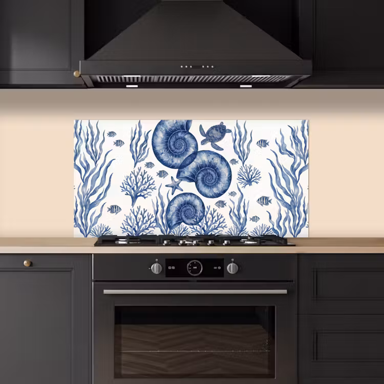 Schelp - Spiraal - Zeeleven - Aquarel - Blauw keuken achterwand spatscherm middel -sfeer1