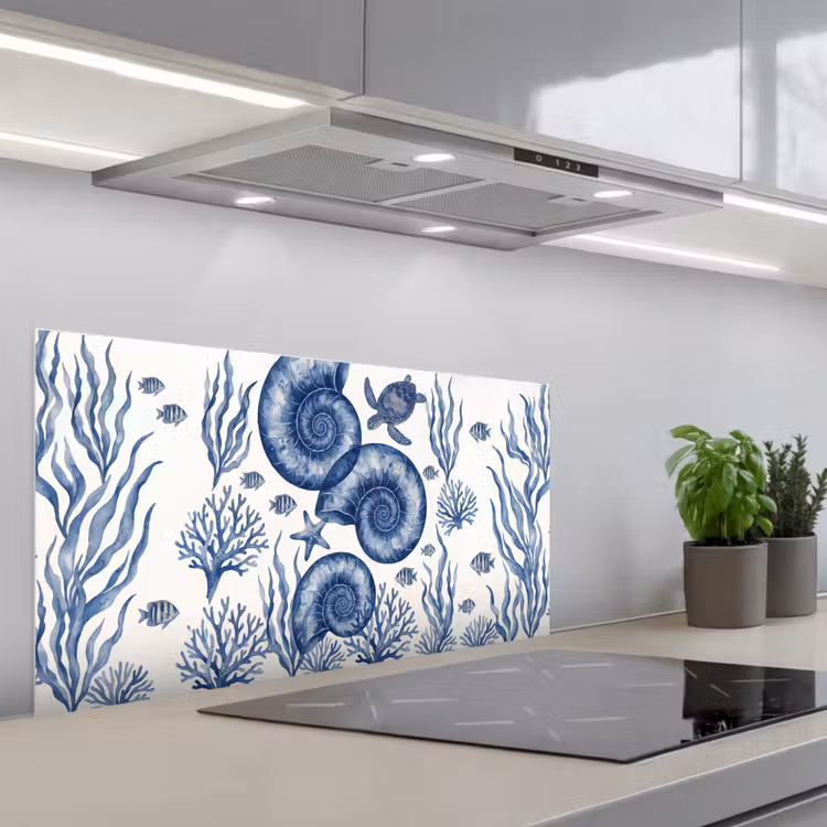 Schelp - Spiraal - Zeeleven - Aquarel - Blauw keuken achterwand spatscherm middel -3d_schuin
