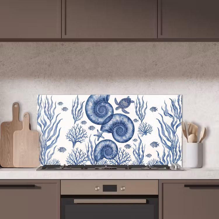 Schelp - Spiraal - Zeeleven - Aquarel - Blauw keuken achterwand spatscherm middel -sfeer2