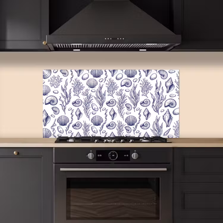 Schelpen - Zeewier - Oceaan - Illustratie - Blauw keuken achterwand spatscherm middel -sfeer1