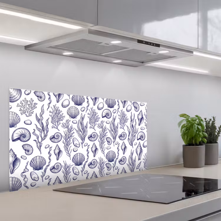 Schelpen - Zeewier - Oceaan - Illustratie - Blauw keuken achterwand spatscherm middel -3d_schuin