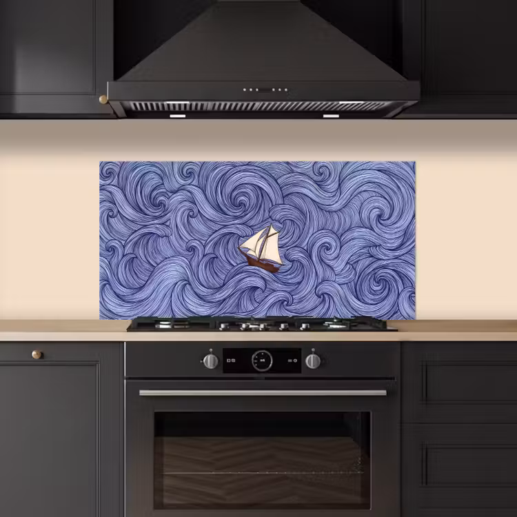 Schip - Golven - Zee - Illustratie - Blauw keuken achterwand spatscherm middel -sfeer1