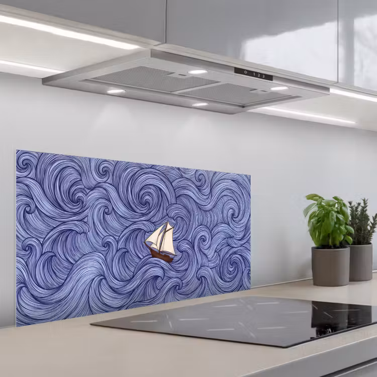 Schip - Golven - Zee - Illustratie - Blauw keuken achterwand spatscherm middel -3d_schuin