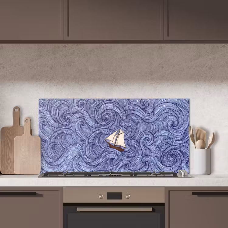 Schip - Golven - Zee - Illustratie - Blauw keuken achterwand spatscherm middel -sfeer2