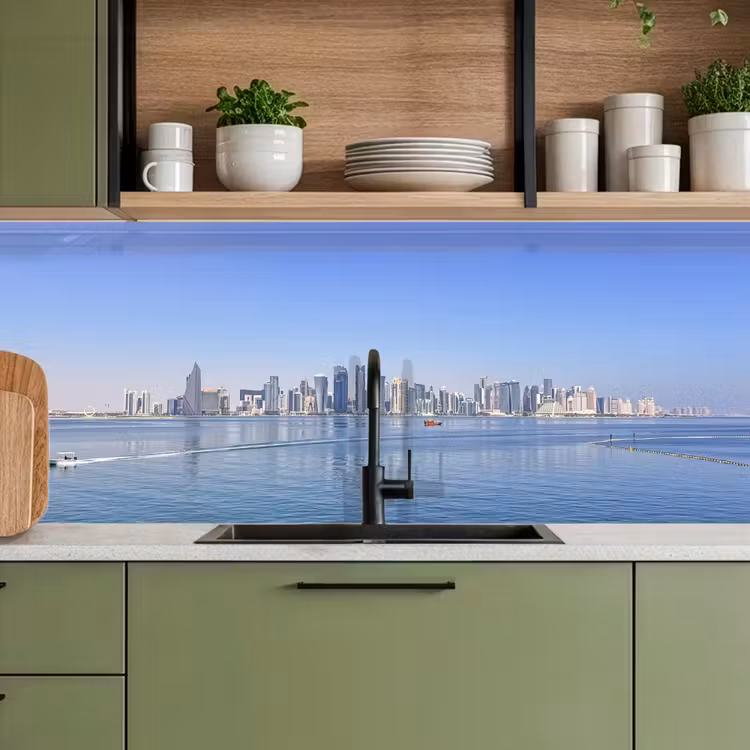 Skyline - Blauw - Zee - Gebouwen - Stad keuken achterwand 2 middel -sfeer3