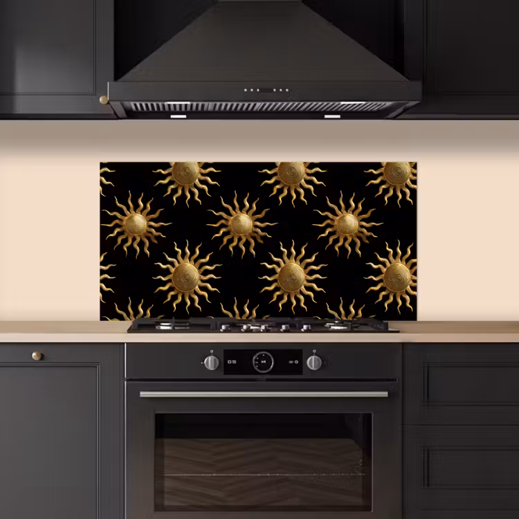 Zon - Patroon - Luxe - Goud - Zwart keuken achterwand spatscherm middel 899 -sfeer1