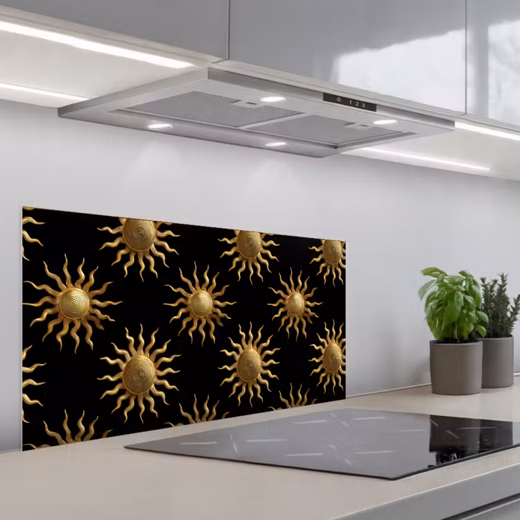 Zon - Patroon - Luxe - Goud - Zwart keuken achterwand spatscherm middel 899 -3d_schuin